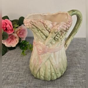 Vintage Asparagus Pitcher with Majolica‎ Style Green and Pink Glaze